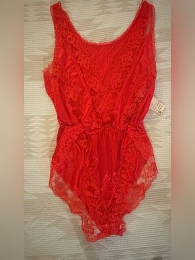 Sexy Vintage 80s JC Penny Red Lace Teddy Bodysuit. NWT